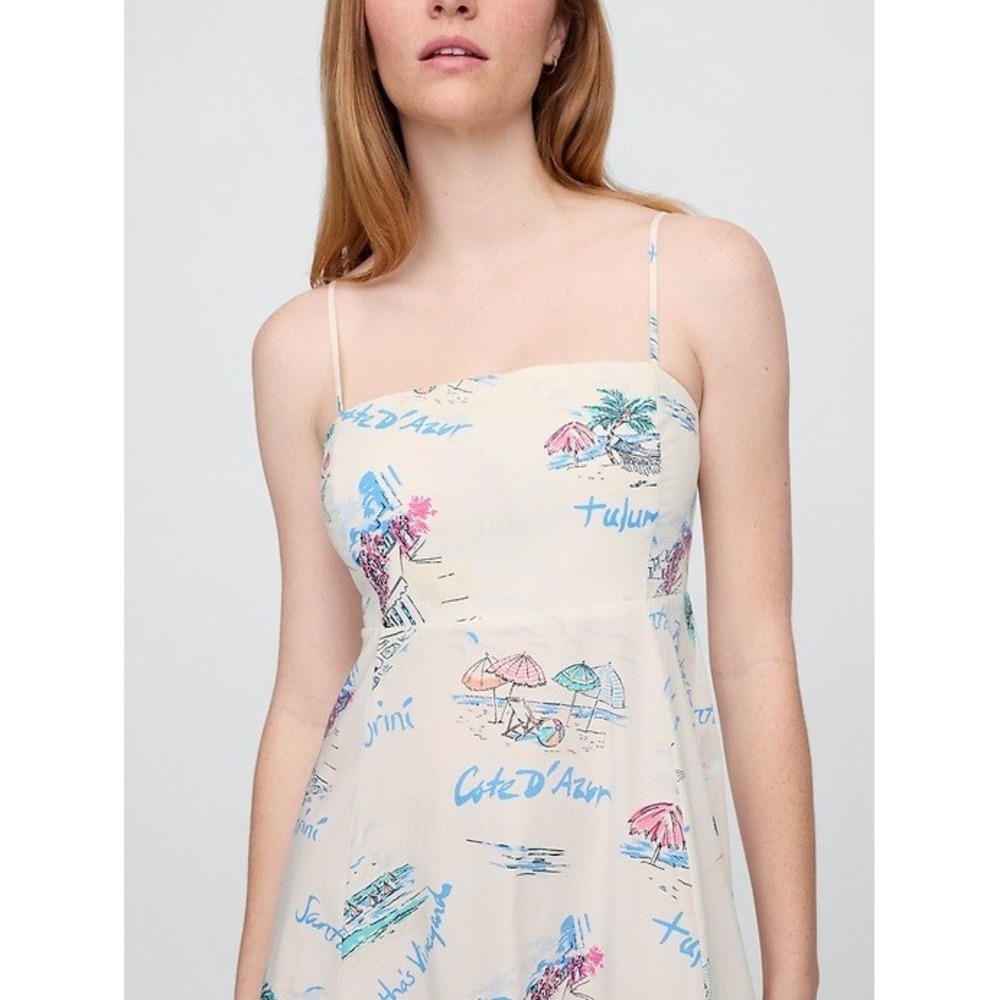 New Gap Dress Medium Fit & Flare Midi Vacationland White Spaghetti Strap Cotton - Picture 3 of 12
